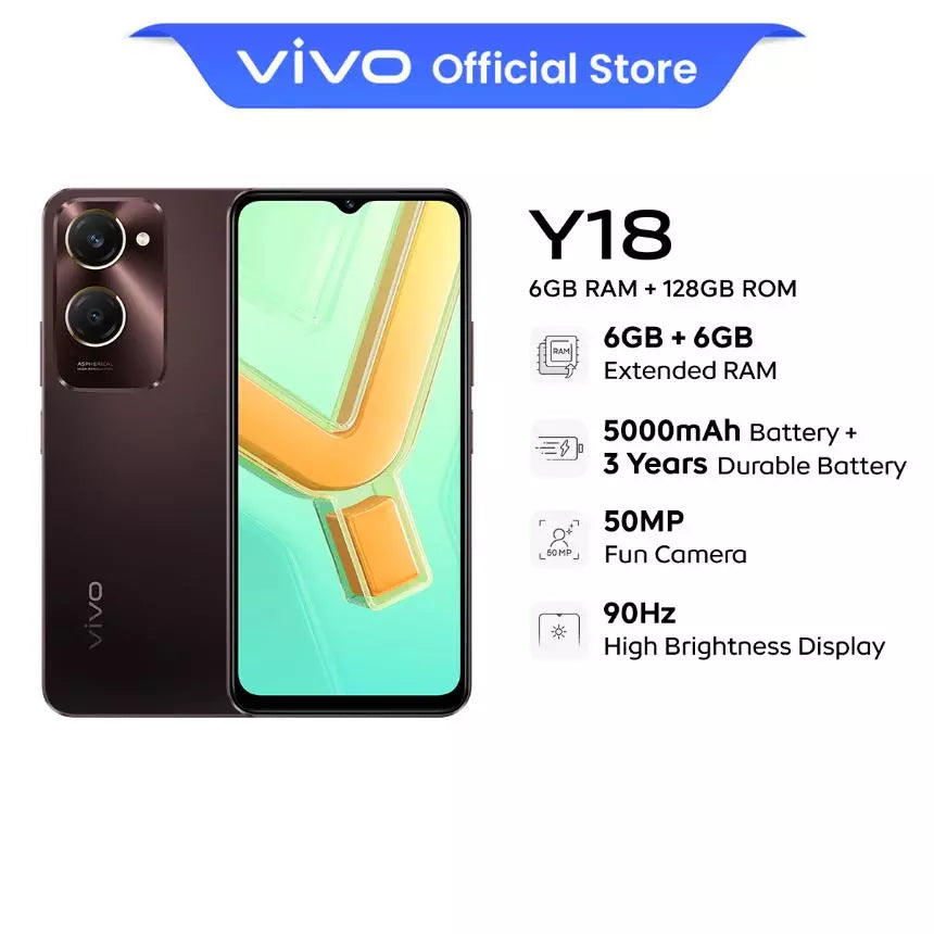VIVO Y18 - 128 Go Stockage - 6Go de RAM - Double Carte Sim 5G, Wifi + 🎁 Coque protection Offerte